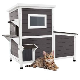 VEVOR Outdoor Cat House, 2-Story Wooden Cat Shelter for 3 Outside Cats in Winter, Elevated Feral Kitty Shelter with Stairs, Clear Window & Flap Doors